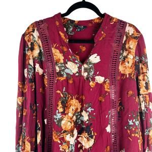 Perch by Blue Pepper Burgundy Floral‎ Gauzy Blouse High-Low Hem Size 3X